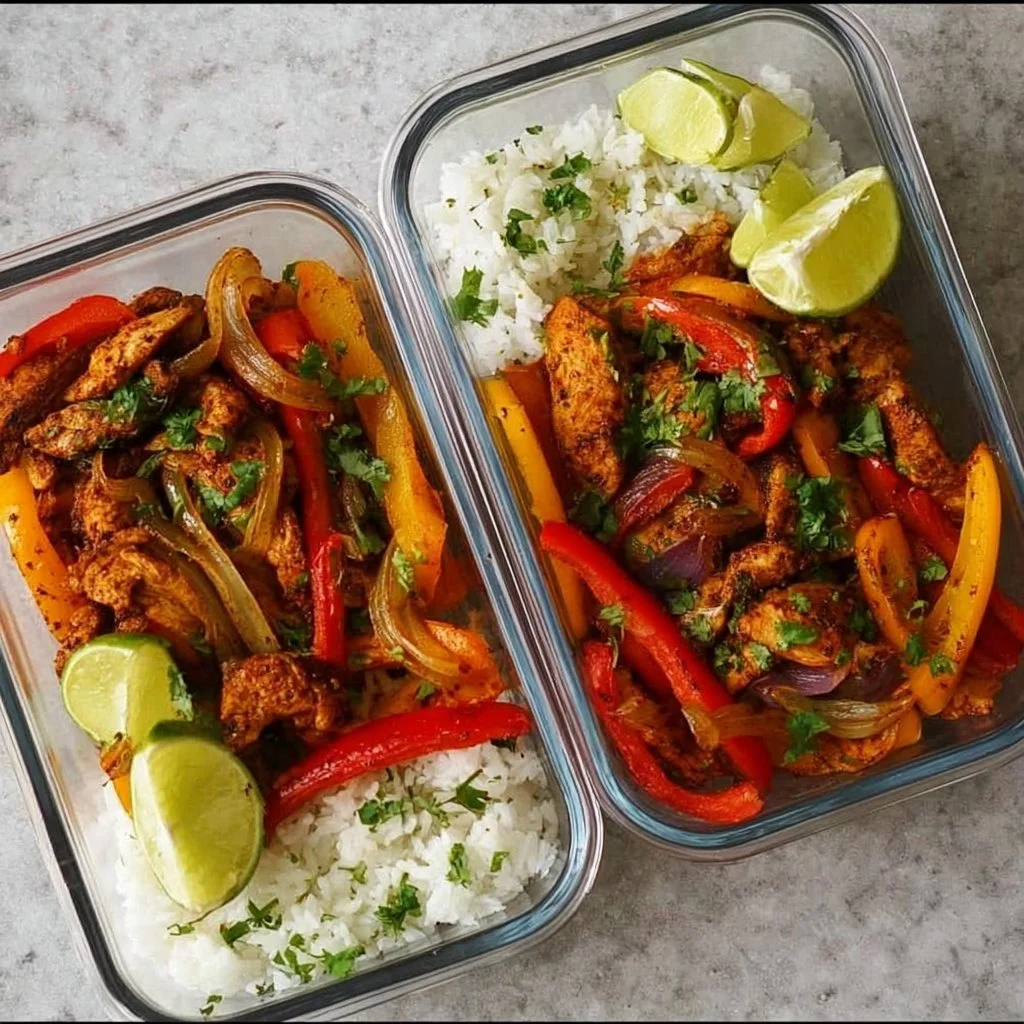 Colorful chicken fajita meal prep bowls with vegetables and spices