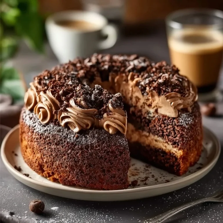 Delicious chocolate coffee cake slice on a plate with coffee cup