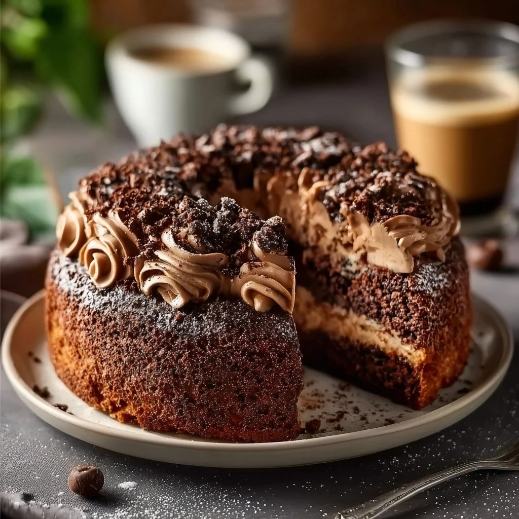 Delicious chocolate coffee cake slice on a plate with coffee cup
