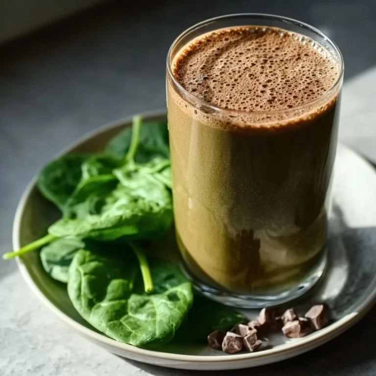 Delicious chocolate spinach smoothie in a glass with chocolate and spinach leaves