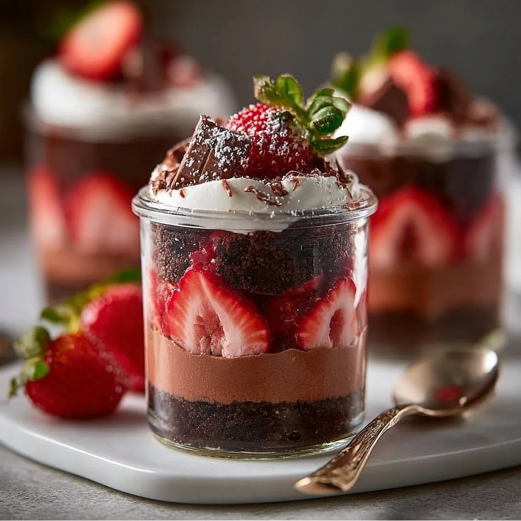 Layered chocolate strawberry parfaits with fresh strawberries and whipped cream.