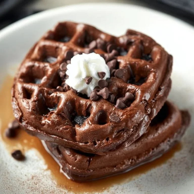 Delicious chocolate brownie waffle topped with whipped cream and chocolate syrup