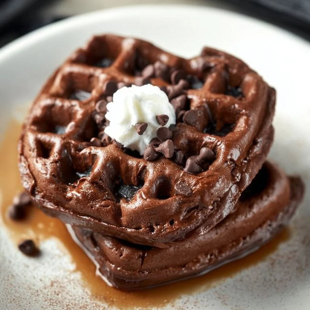 Delicious chocolate brownie waffle topped with whipped cream and chocolate syrup