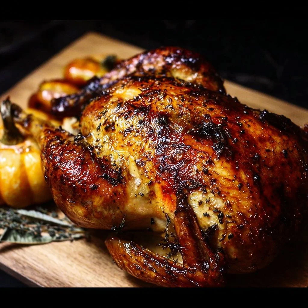 Delicious cider brined roast chicken served with fresh herbs and sides
