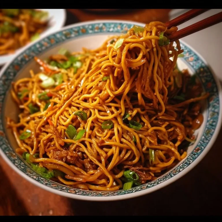 Plate of classic Chinese Chow Mein with vegetables and noodles