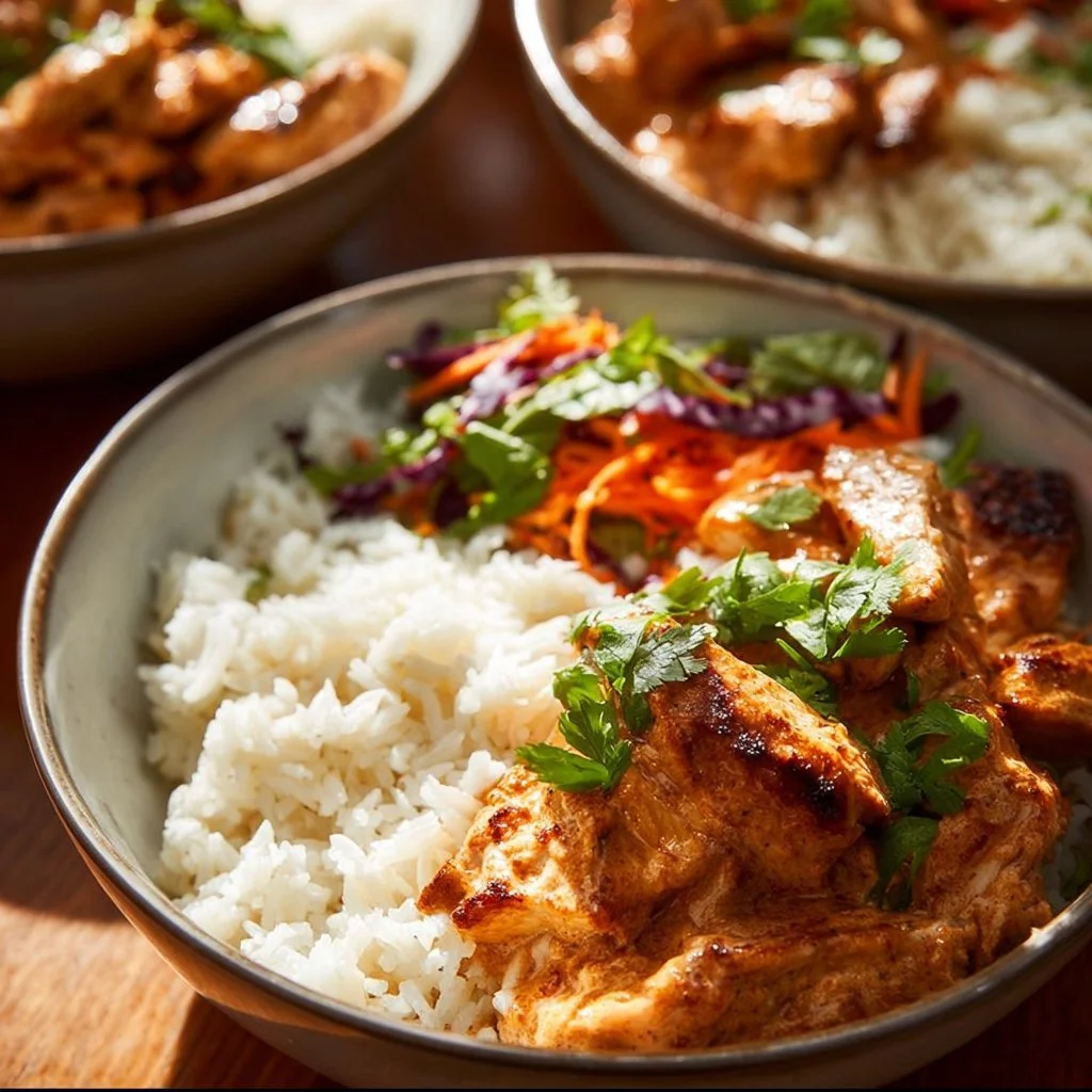 Coconut Chicken Rice Bowl garnished with fresh herbs and served in a bowl.
