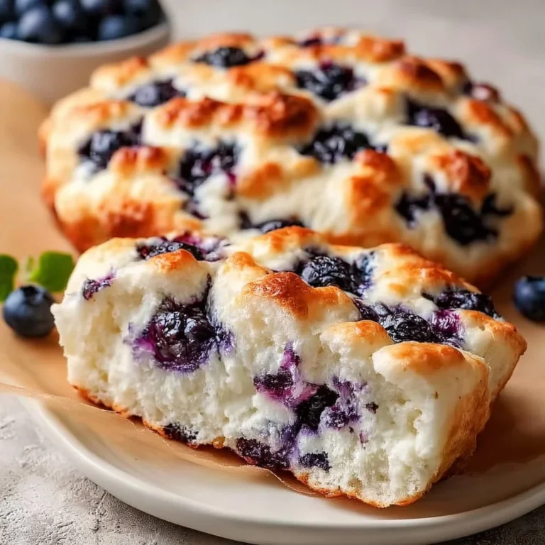 Fluffy cottage cheese blueberry cloud bread ready to be served on a plate.