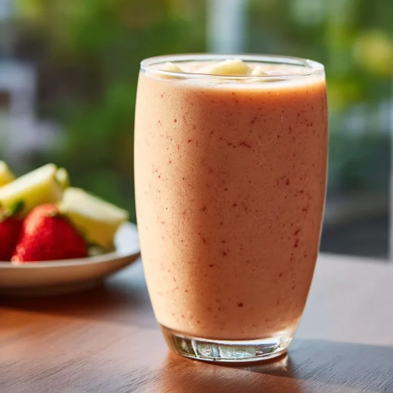 Creamy Bahama Mama Smoothie in a tropical glass with fruits