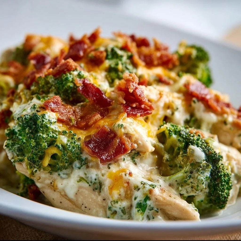 Creamy low carb chicken casserole with broccoli and bacon in a baking dish