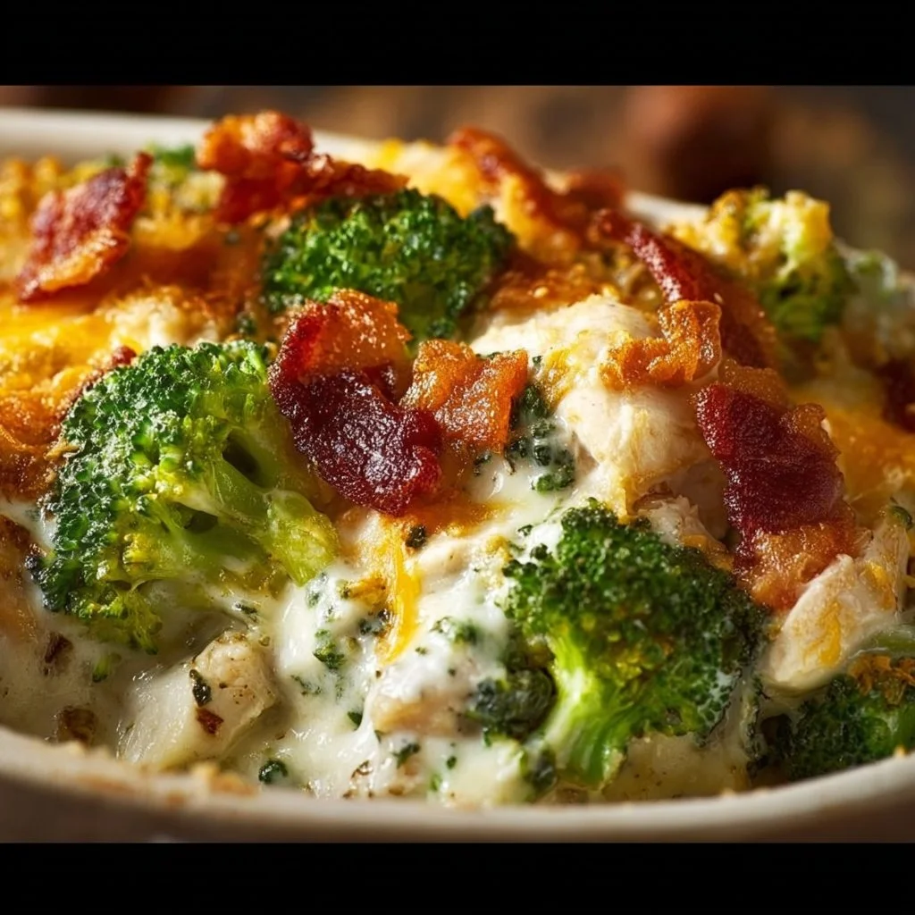 Creamy Low Carb Chicken Casserole with Broccoli and Bacon