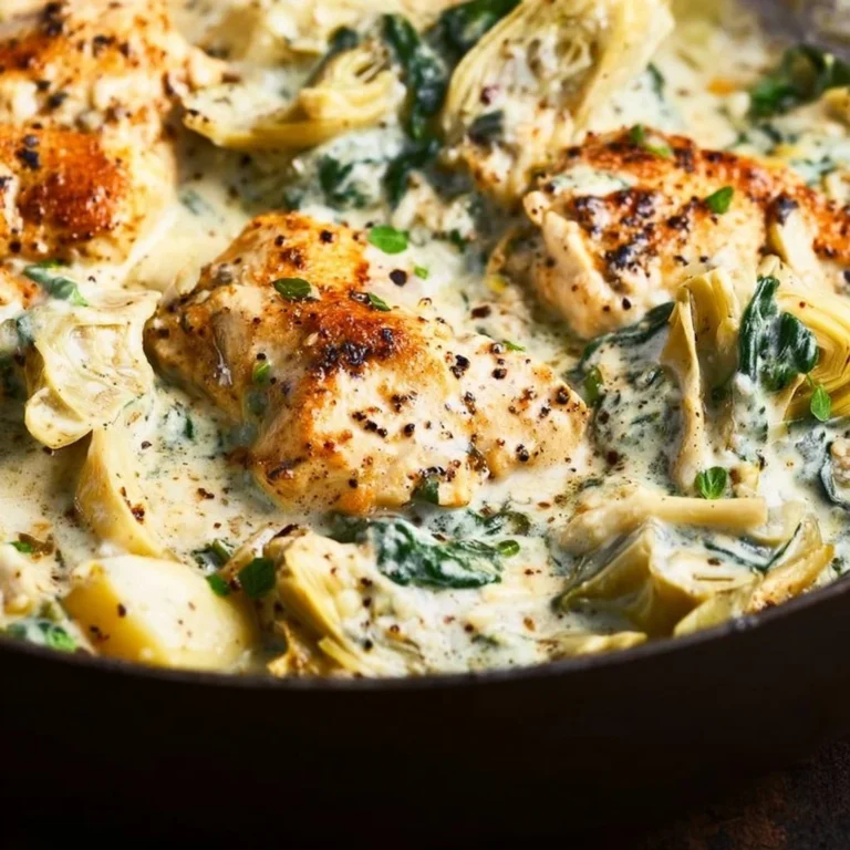 Creamy spinach artichoke chicken skillet dish garnished with herbs