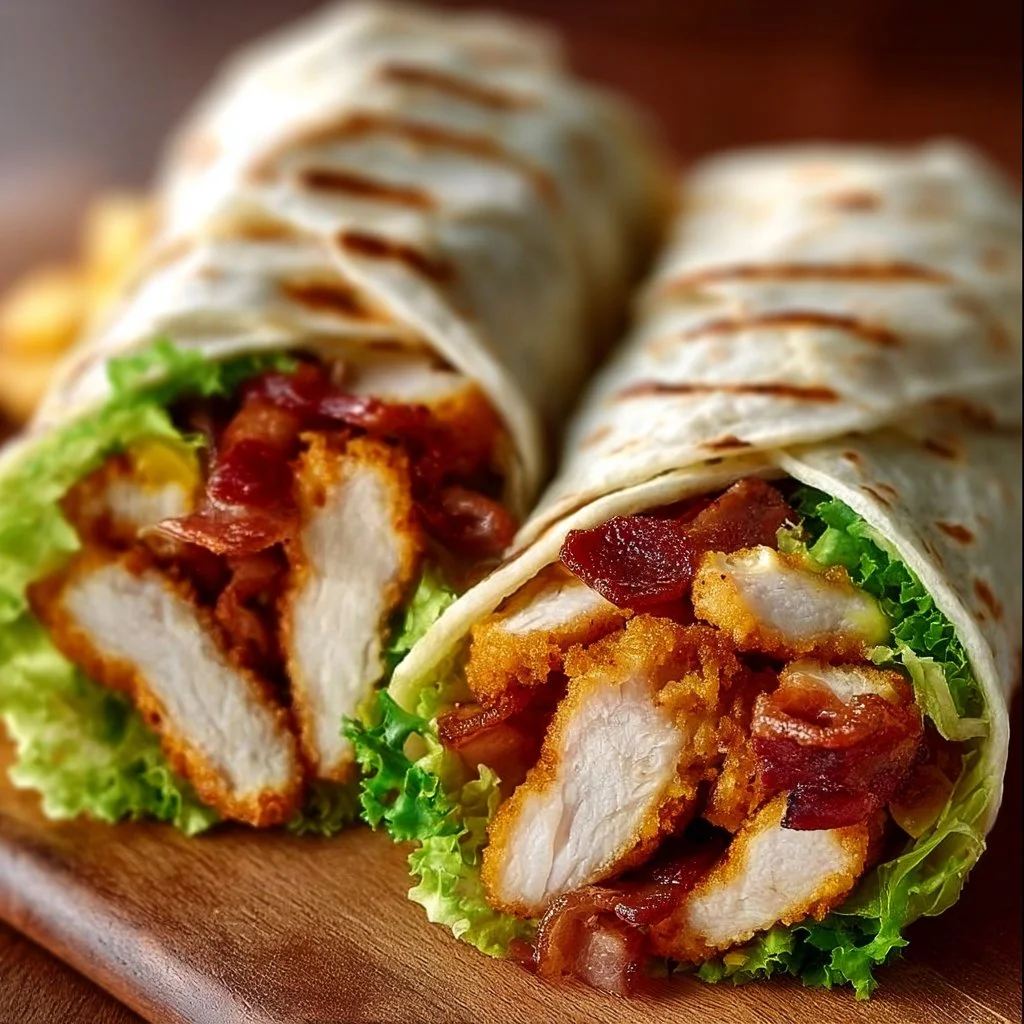 Delicious Crispy Chicken Bacon Wraps with fresh ingredients and crispy texture.