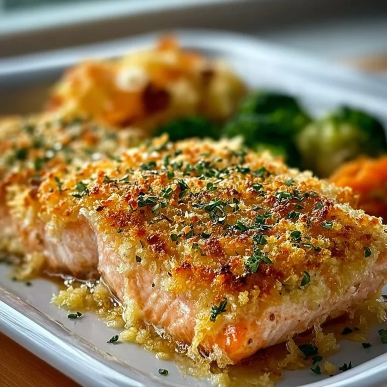Plate of crispy Parmesan Salmon bake garnished with herbs