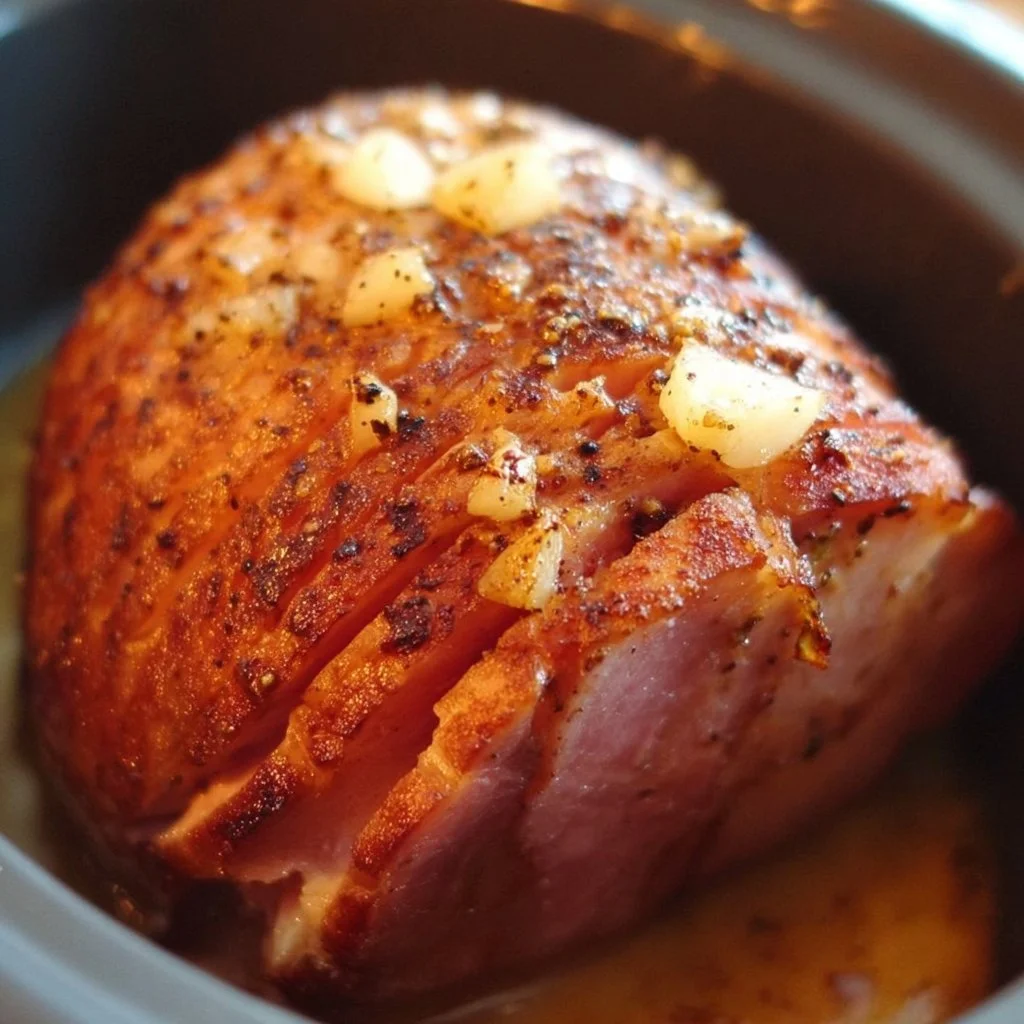 Crock Pot Easter Ham recipe with juicy slices and glazed sweetness