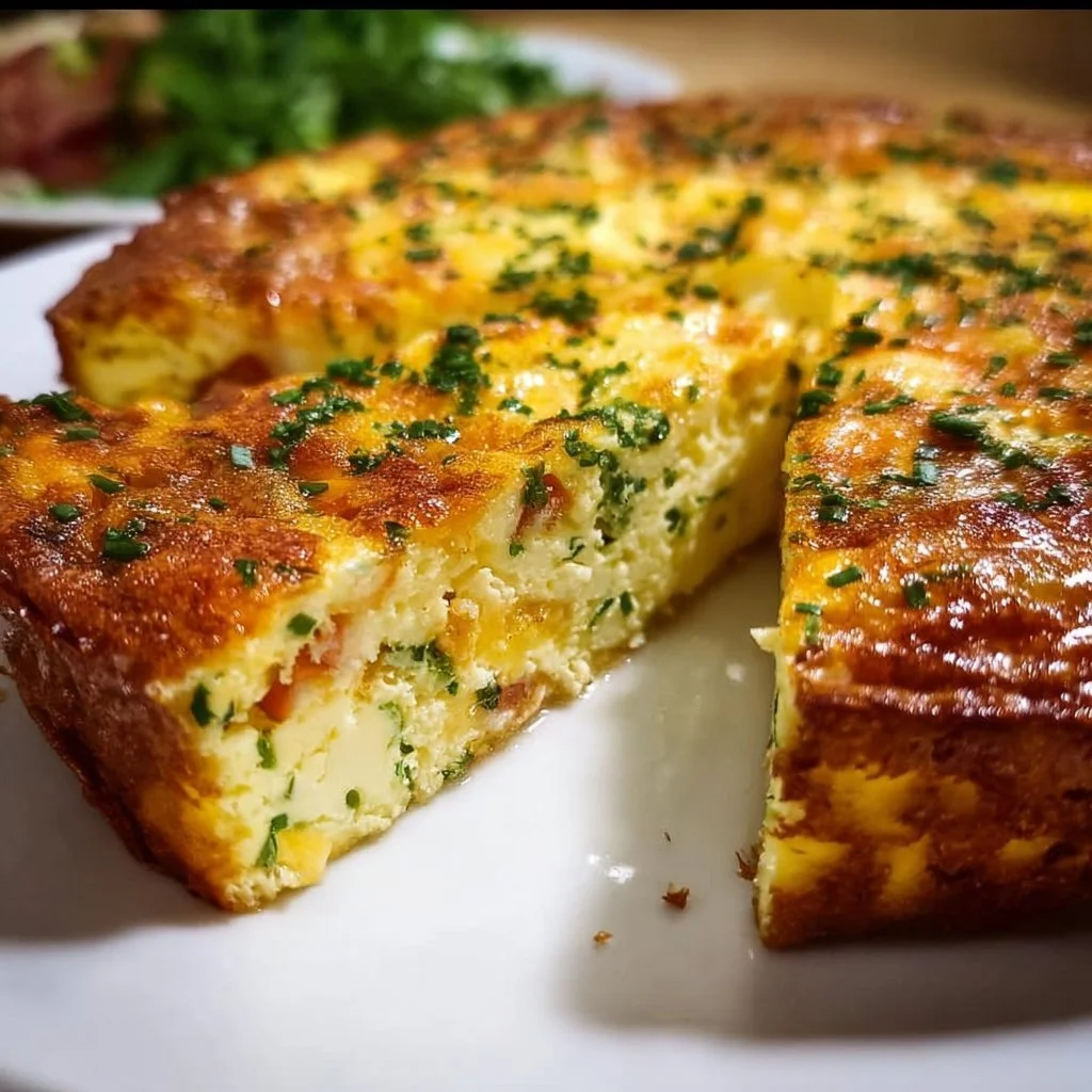 Crustless quiche with fresh vegetables and cheese served on a plate