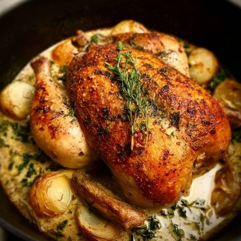 Juicy and golden Dutch Oven roast chicken ready to serve