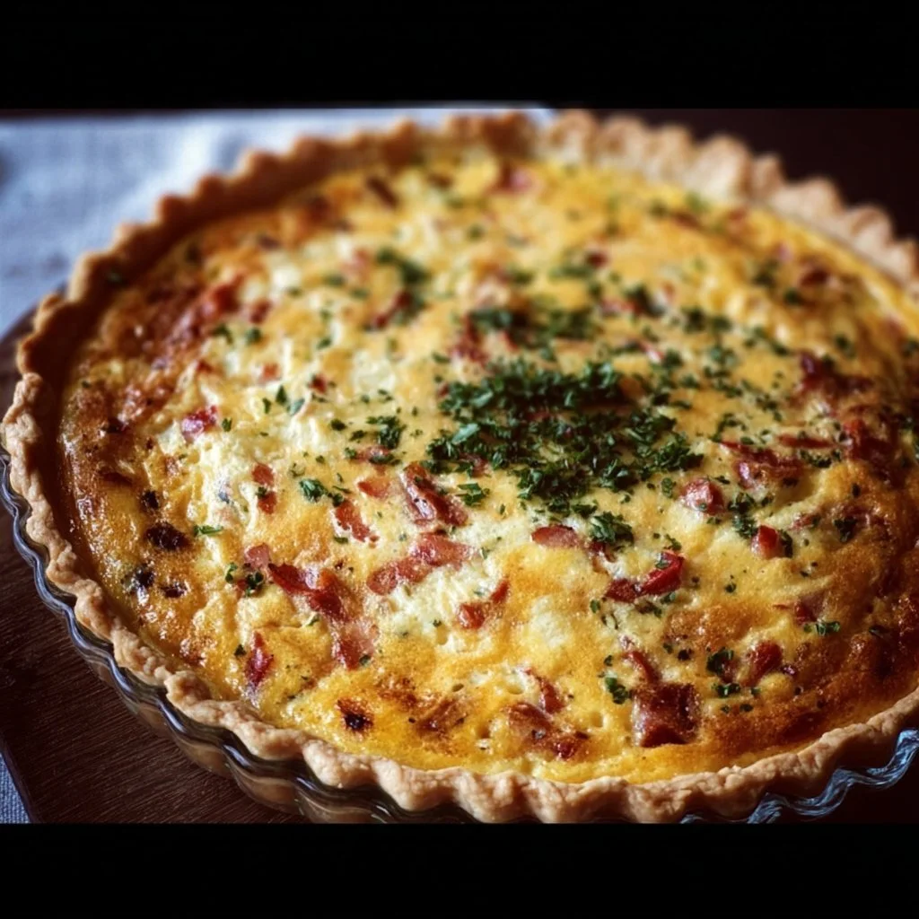 Slice of easy breakfast quiche with colorful vegetables and cheese