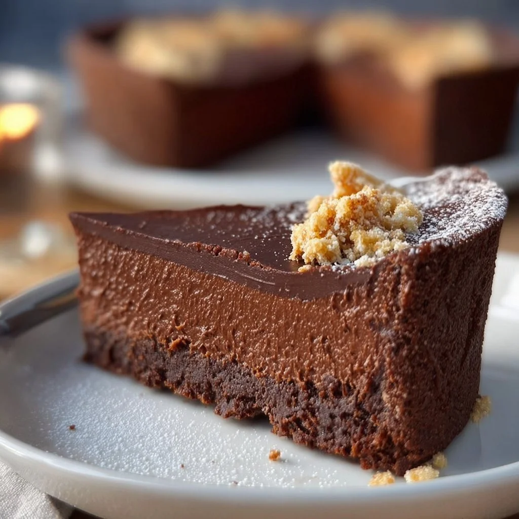 Easy chocolate torte topped with chocolate shavings on a white plate
