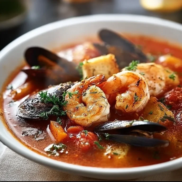 Bowl of easy cioppino, a delicious seafood stew with tomatoes and fresh herbs