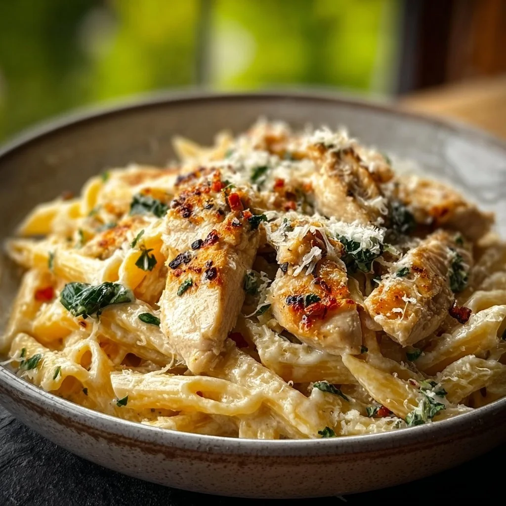 Plate of easy garlic parmesan chicken pasta garnished with parsley