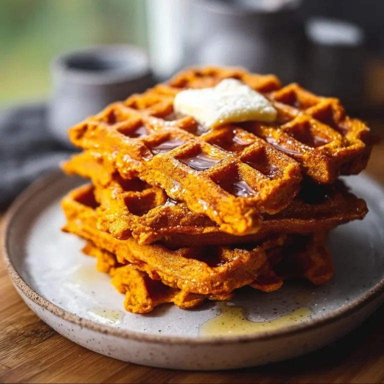 Delicious gluten free sweet potato waffles on a plate with syrup and berries