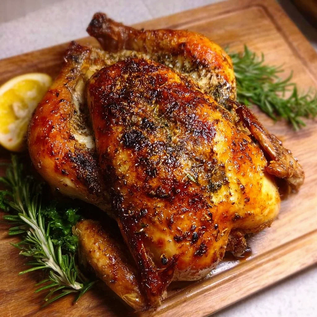 Delicious easy roast chicken served with fresh herbs and vegetables