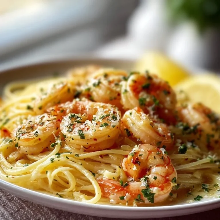 Plate of easy shrimp scampi with garlic, parsley, and pasta.