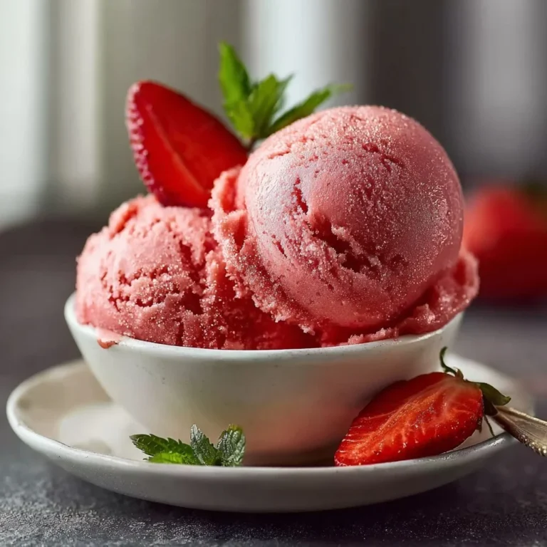 Delicious homemade strawberry sorbet served in a bowl with fresh strawberries