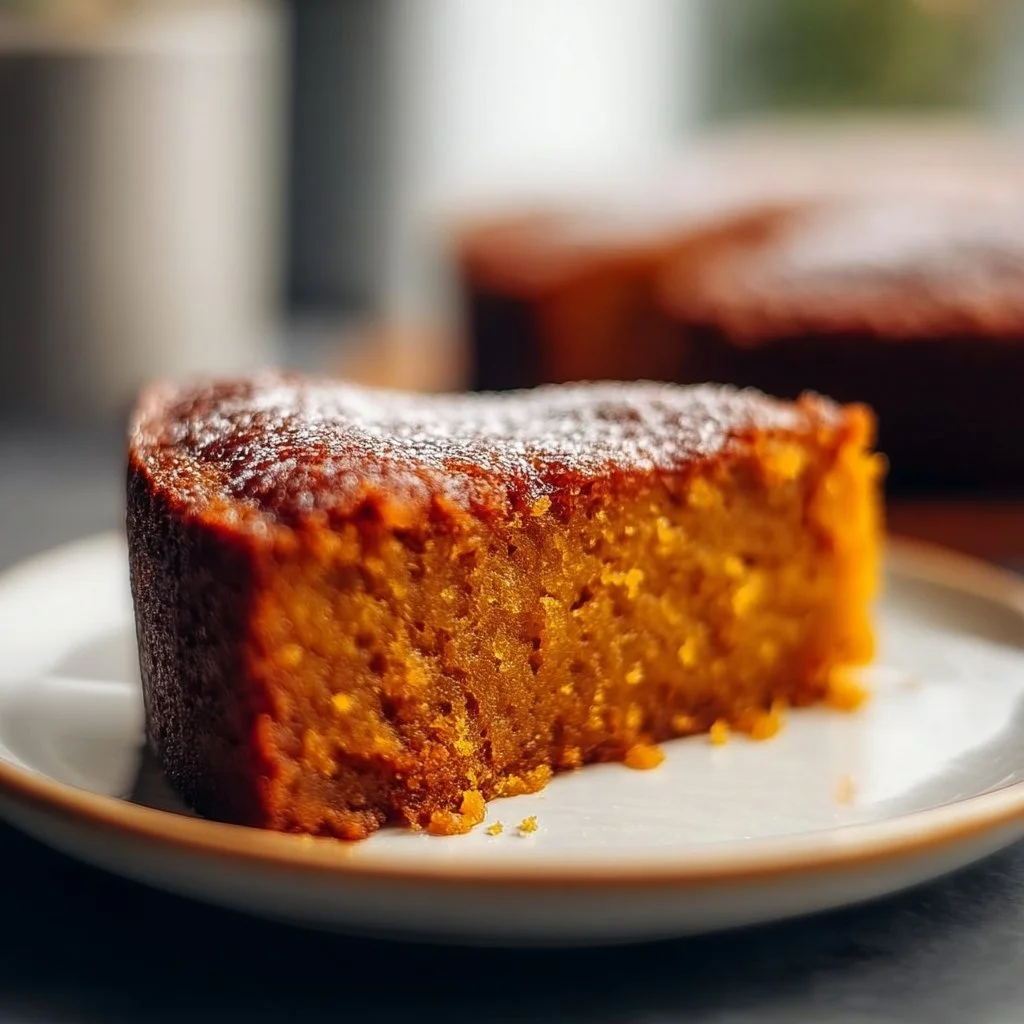 Flourless sweet potato ginger cake topped with a delicate glaze and fresh herbs.