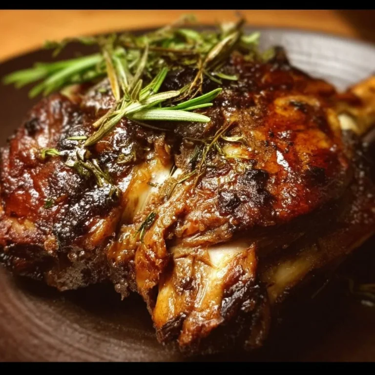 Delicious slow-roasted lamb shoulder served on a plate with herbs