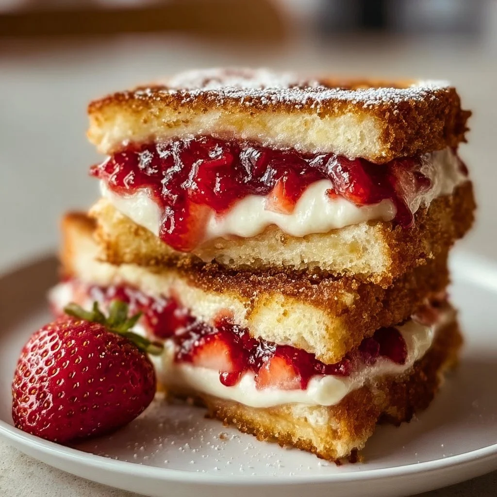 Fried strawberry cheesecake sandwiches served on a plate, drizzled with sauce.