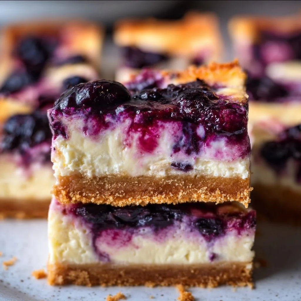 Gluten-free blueberry cheesecake bars topped with fresh blueberries