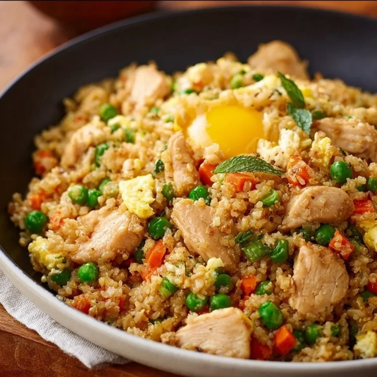 A colorful bowl of gluten-free chicken fried rice with vegetables and chicken pieces