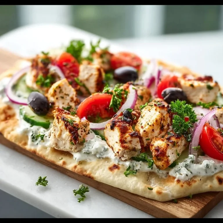 Delicious Greek Chicken Flatbread topped with fresh vegetables and herbs