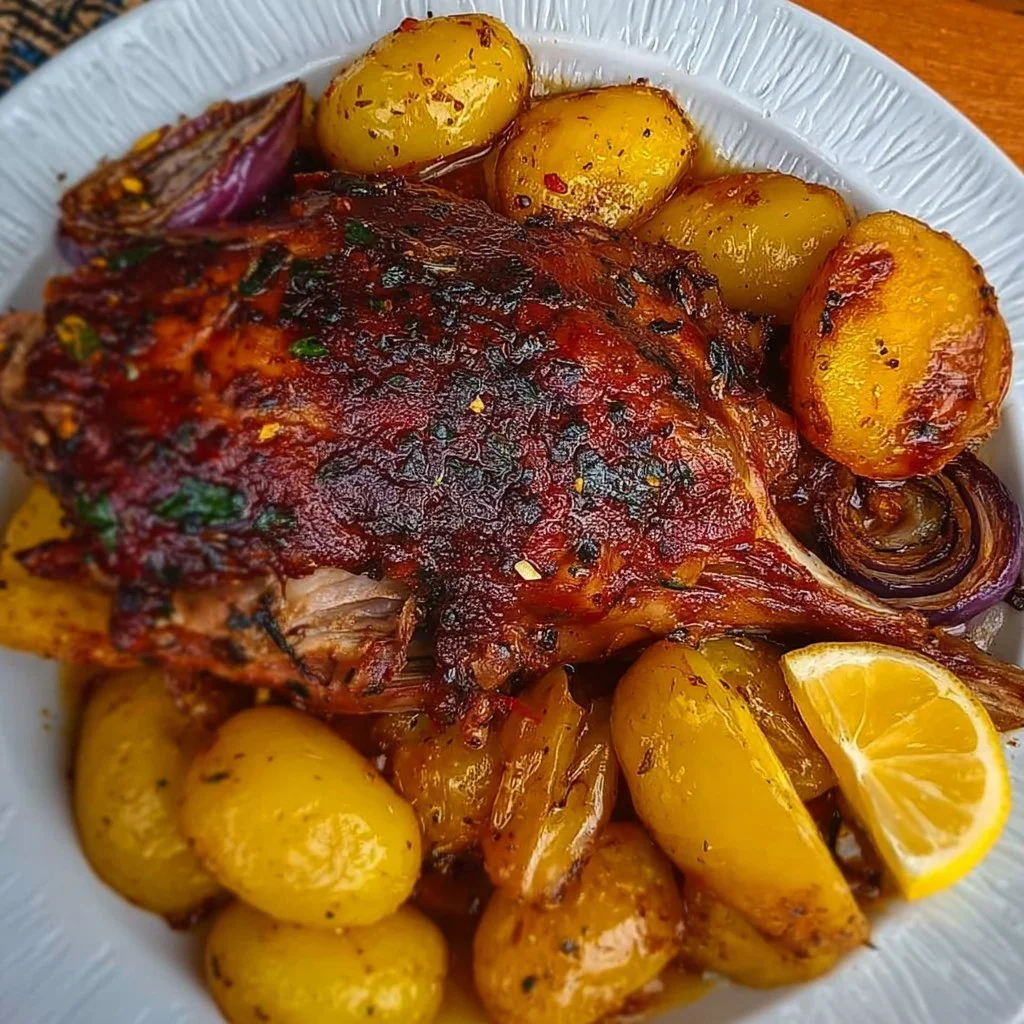 Greek Slow Roast Leg of Lamb served with golden potatoes