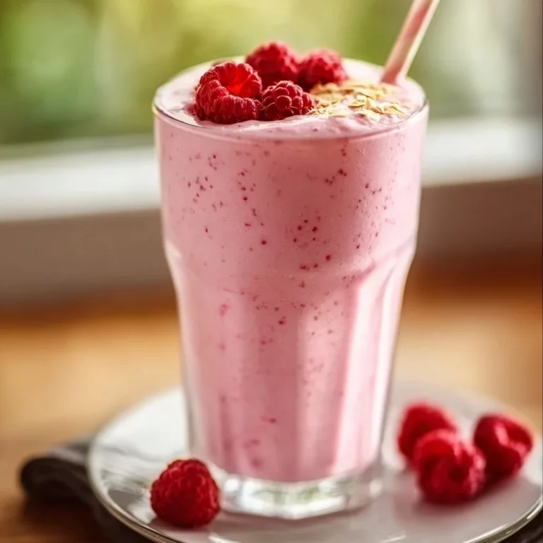 Greek yogurt raspberry protein shake in a glass with fresh raspberries