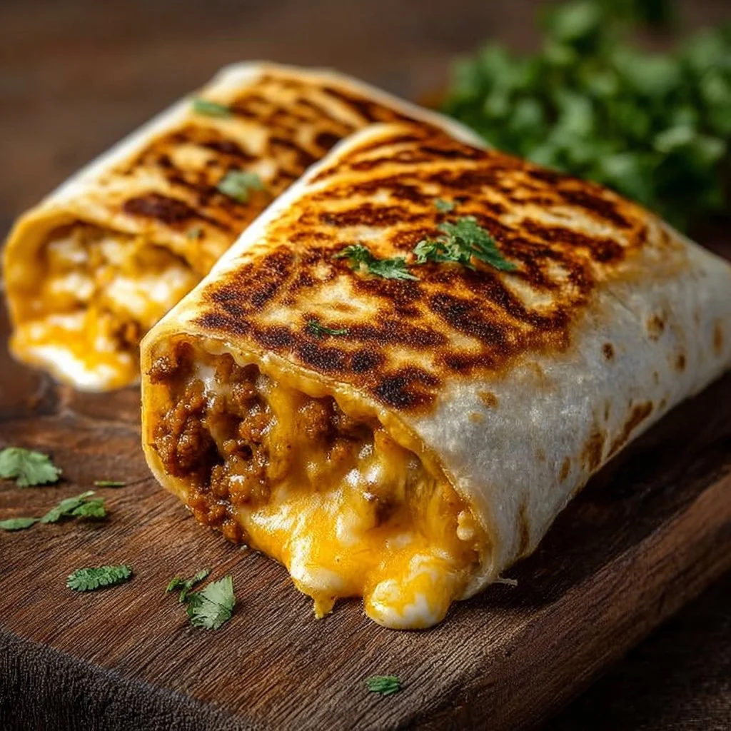 Delicious grilled cheese burrito filled with melted cheese and savory ingredients