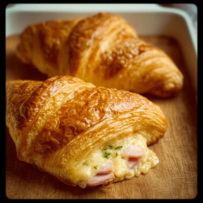Freshly baked ham and cheese croissants on a wooden table