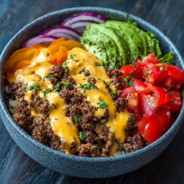 High-protein cheeseburger bowls with ground beef and burger sauce in a bowl