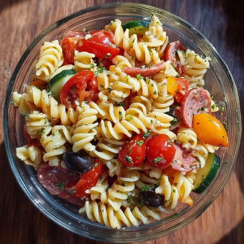 High Protein Italian Pasta Salad with colorful vegetables and pasta