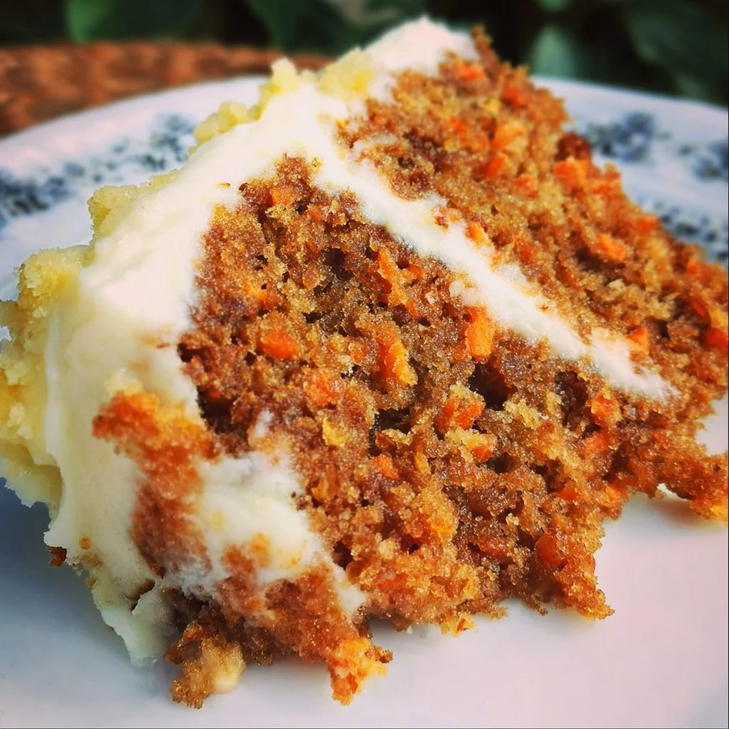 A slice of homemade carrot cake topped with cream cheese frosting and garnished with walnuts.