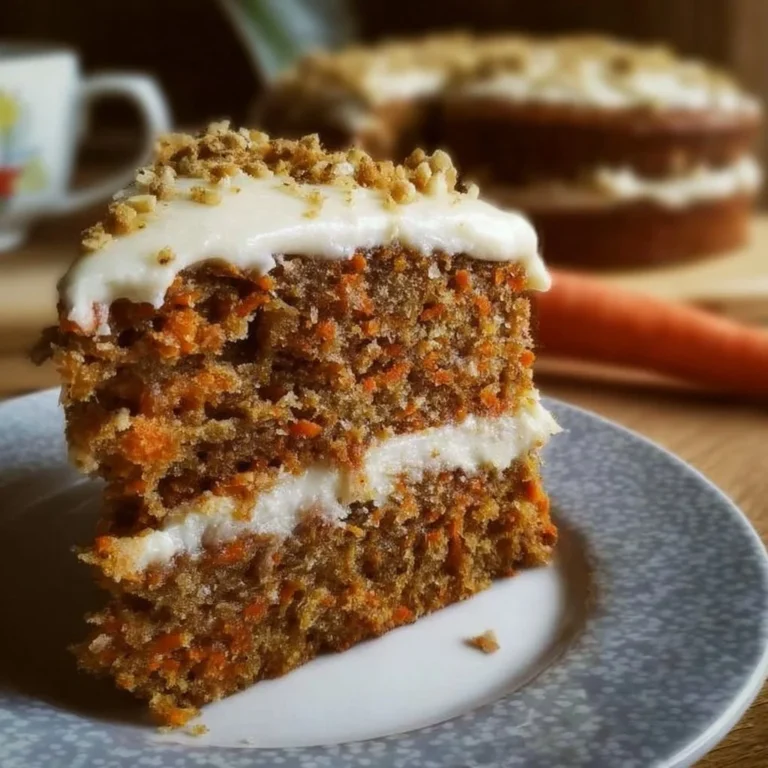 Slice of homemade carrot cake with cream cheese frosting on a plate