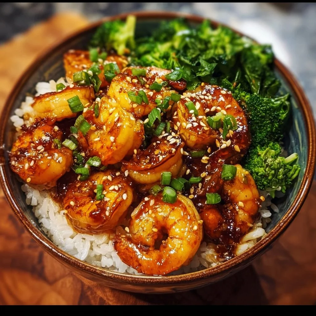 Honey garlic shrimp bowls garnished with vegetables and rice