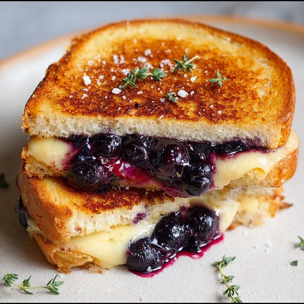 Delicious blueberry grilled cheese sandwich with melted cheese and fresh blueberries