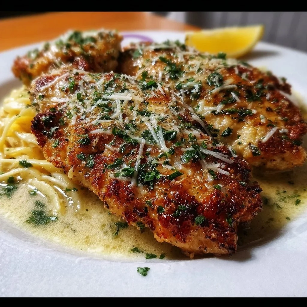Plate of Lemon Chicken Romano garnished with herbs and lemon slices