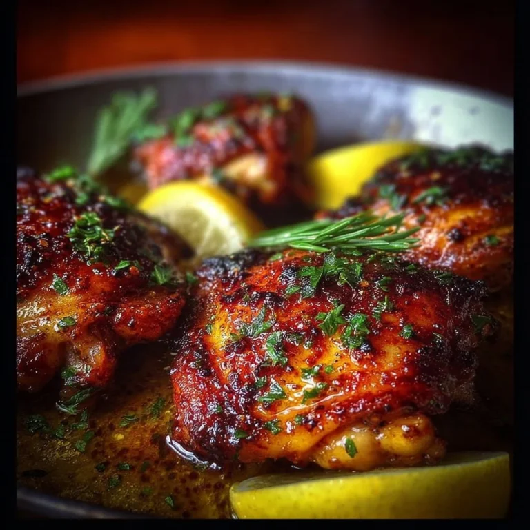 Lemon Paprika Roast Chicken Thighs served on a plate garnished with herbs.