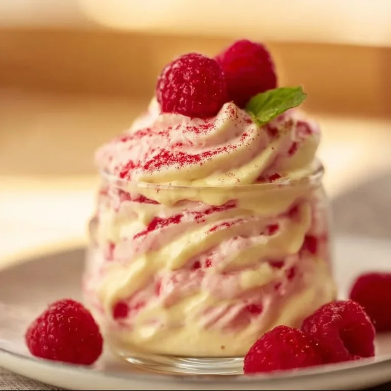 Lemon Raspberry Fluff dessert garnished with fresh raspberries and lemon zest.