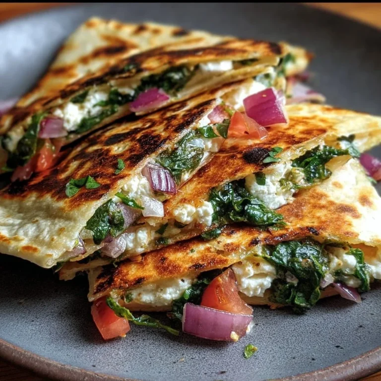 Mediterranean Quesadillas with spinach, feta, mozzarella, and red onion on a plate