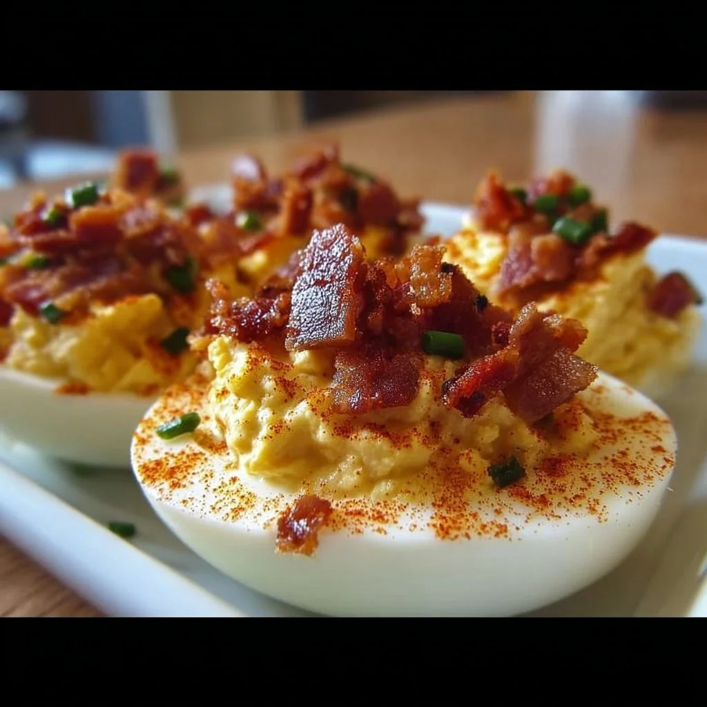 Million Dollar Bacon Deviled Eggs topped with crispy bacon bits