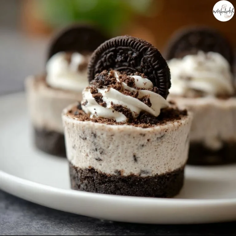 Mini Oreo Cheesecakes, gluten-free and dairy-free dessert topped with Oreo cookies.